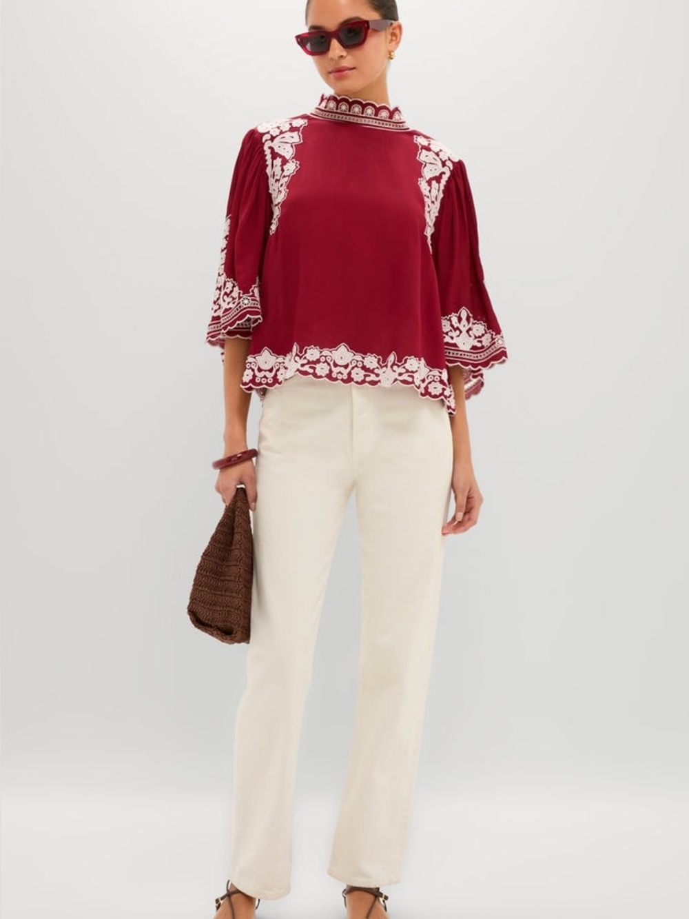 Farm Rio Burgundy Bicolor Palm Tree Embroidery Blouse - Picture 3 of 9